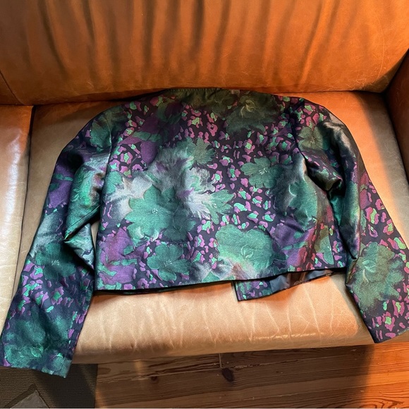 Vintage brocade metallic floral cropped jacket green purple boxy pocket printed - Picture 3 of 8